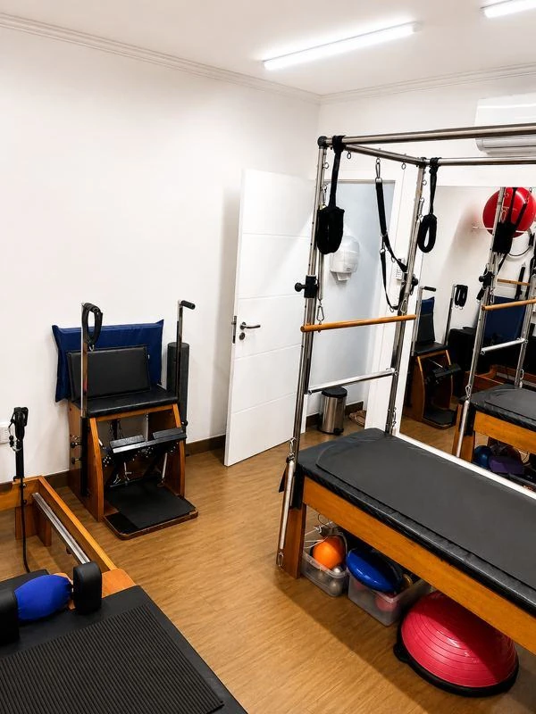 Aparelhos e equipamentos da sala de Pilates da Bela Flor